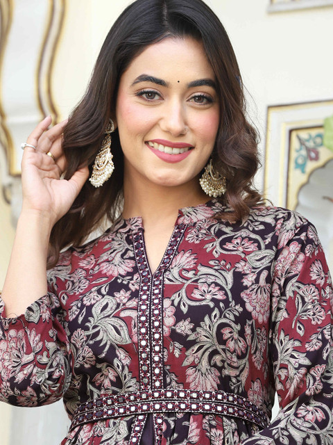 KALINI Floral Printed V-Neck Mirror Work Anarkali Kurta - Image 2