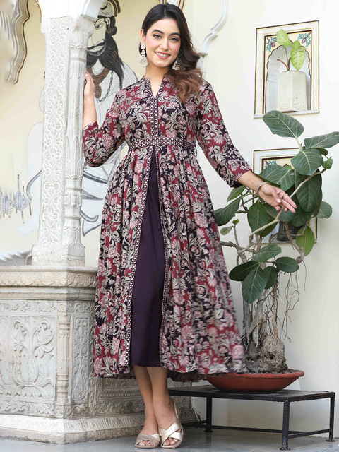 KALINI Floral Printed V-Neck Mirror Work Anarkali Kurta