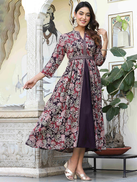 KALINI Floral Printed V-Neck Mirror Work Anarkali Kurta - Image 3