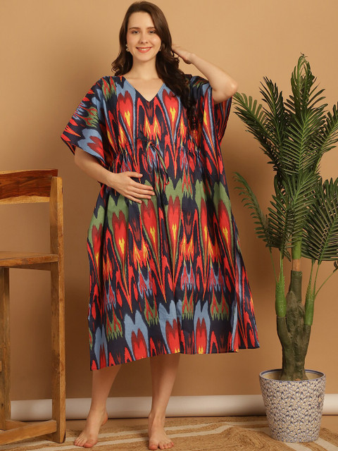 Secret Wish Abstract Printed Pure Cotton Midi Maternity Kaftan Nightdress