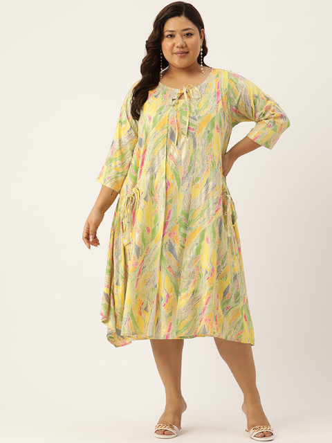 theRebelinme Plus Size Print Tie-Up Neck Layered A-Line Midi Dress