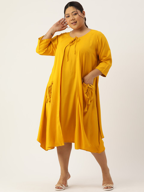theRebelinme Plus Size Tie-Up Neck Layered A-Line Midi Dress