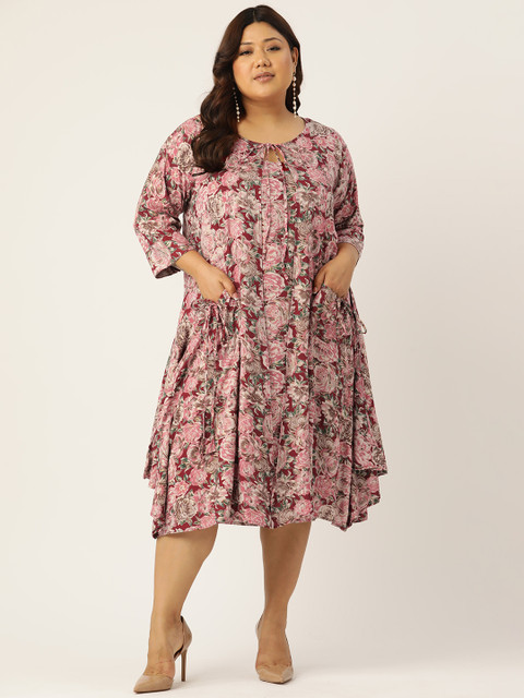 theRebelinme Plus Size Floral Print Tie-Up Neck A-Line Dress