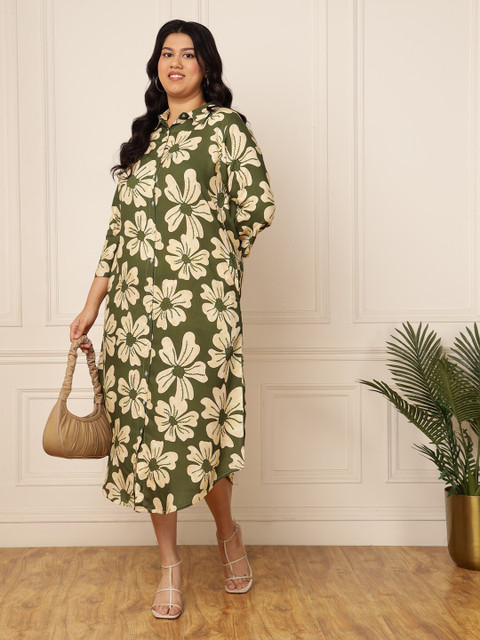 DEEBACO Plus Size Floral Printed A-Line Midi Dress
