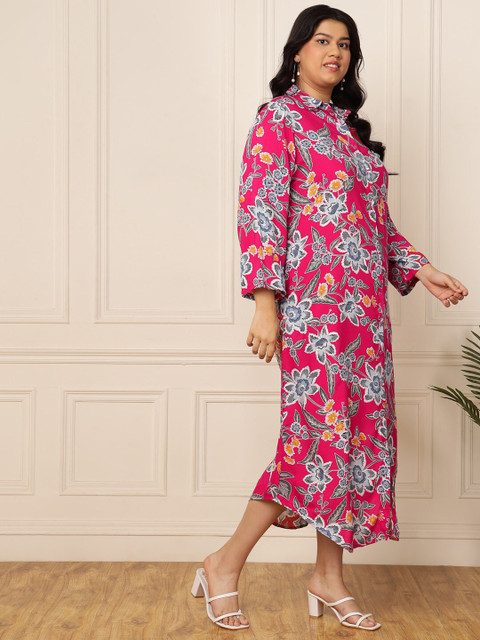 DEEBACO Plus Size Floral Print A-Line Midi Dress - Image 4