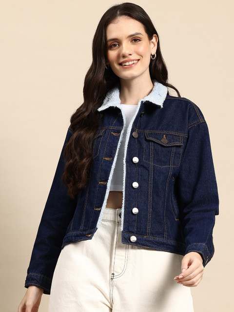 Mast & Harbour Women Faux Fur Trim Pure Cotton Denim Jacket