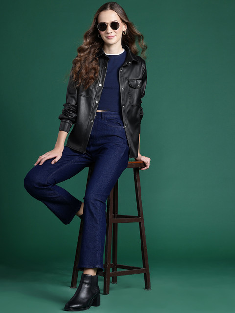 DressBerry Spread Collar Faux Leather Jacket