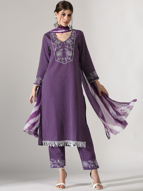 Anouk Purple Striped Kantha Work Detail Pure Cotton Straight Kurta & Trouser With Dupatta