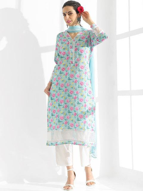 Anouk Floral Printed Regular Kantha Work Pure Cotton Kurta With Trousers & Dupatta