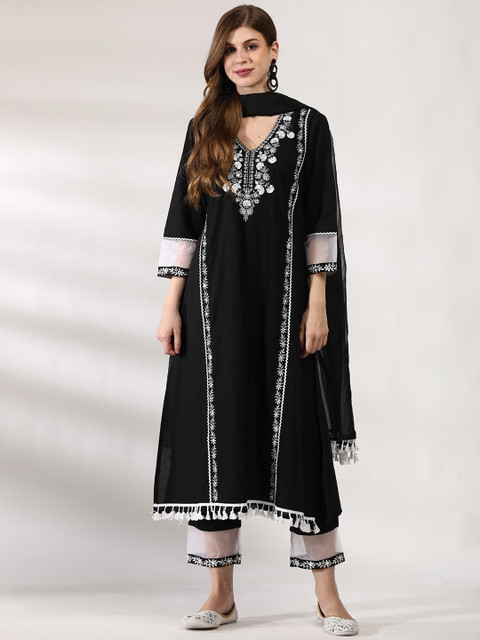 Anouk Ethnic Motifs Embroidered Regular Pure Cotton Kurta With Trousers & Dupatta