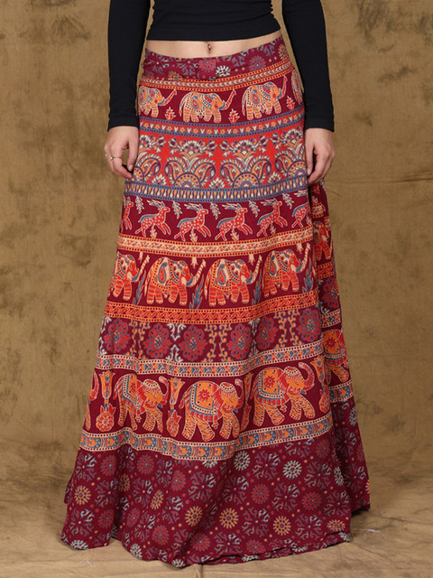 Exotic India Printed Pure Cotton Wrap Maxi Skirts