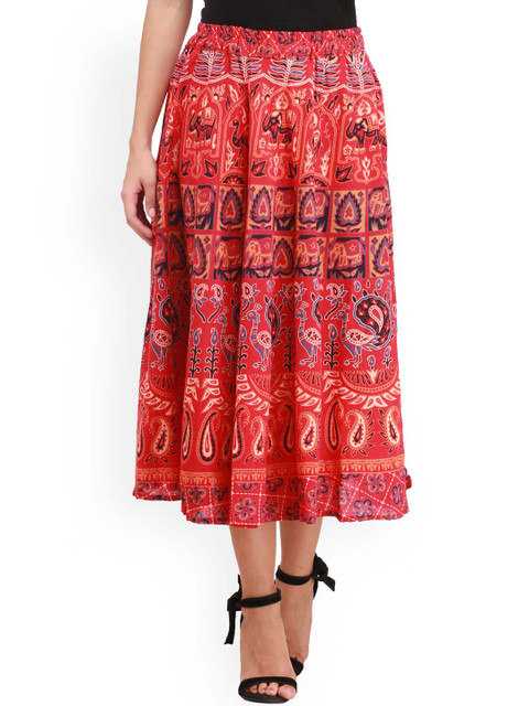 Exotic India Poinsettia Red Sanganeri Midi Skirt with Printed Elephants and Peacocks