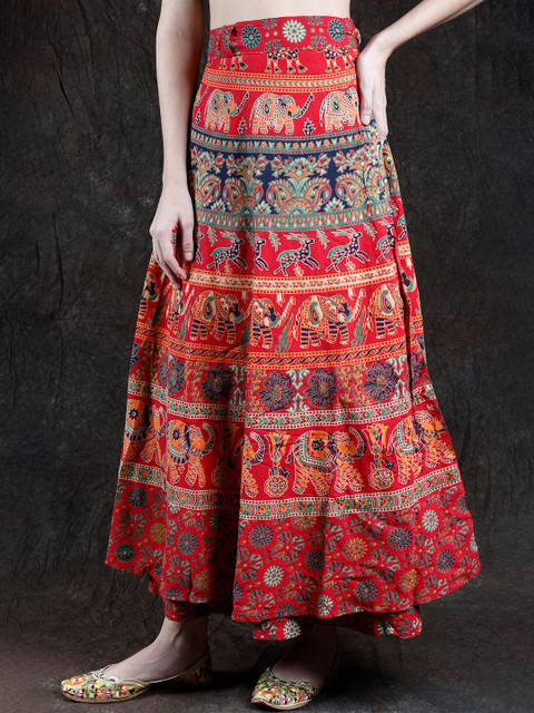 Exotic India Printed Pure Cotton Wrap Maxi Skirts