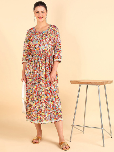 House Of Zelena Floral Printed Gathered or Pleated Pure Cotton Maternity A-Line Dress