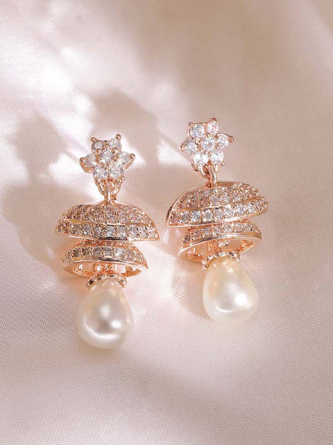 Rubans Rose Gold Plated Cubic Zirconia Studded White Beaded Floral Jhumka Earrings - Image 2