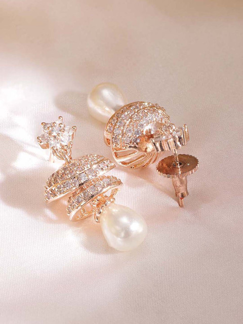 Rubans Rose Gold Plated Cubic Zirconia Studded White Beaded Floral Jhumka Earrings - Image 4