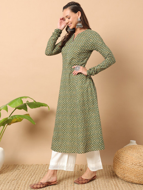 FIORRA Floral Printed Notch Collar Thread Work Cotton A-Line Kurta - Image 4