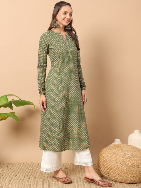 FIORRA Floral Printed Notch Collar Thread Work Cotton A-Line Kurta - Image 3