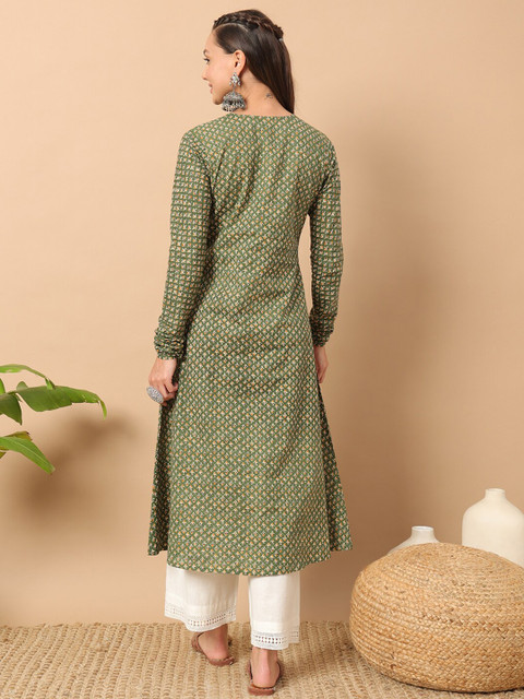 FIORRA Floral Printed Notch Collar Thread Work Cotton A-Line Kurta - Image 5