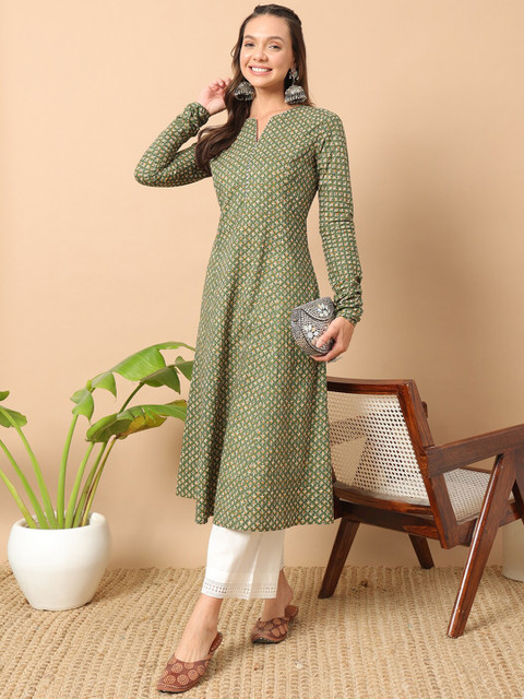 FIORRA Floral Printed Notch Collar Thread Work Cotton A-Line Kurta - Image 6