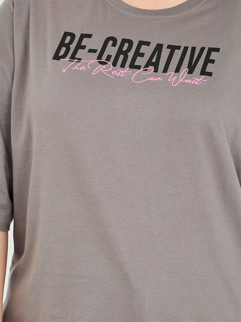 Styli Plus Size Typography Print Drop-Shoulder Sleeves Cotton Oversized T-shirt - Image 2