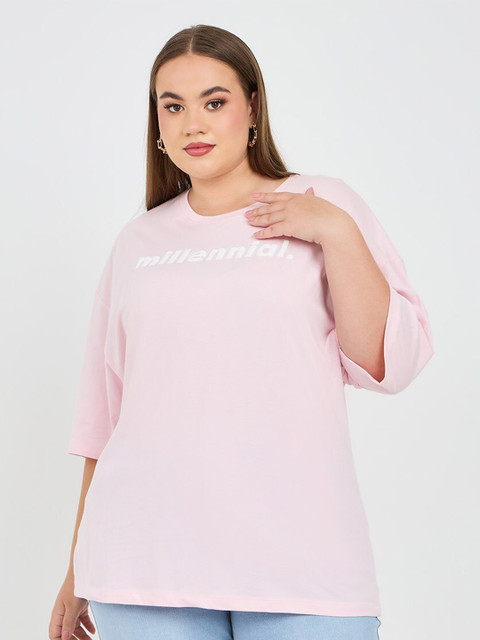 Styli Plus Size Typography Printed Cotton Round Neck Drop-Shoulder Sleeves T-shirt