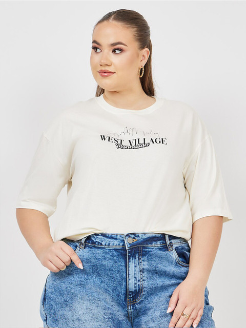 Styli Plus Size Typography Printed Drop Shoulder Sleeves Cotton Oversized T-shirt - Image 5