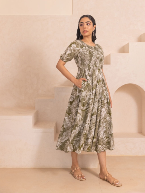 Polago Clothing Floral Printed Cotton Maxi A-Line Dress