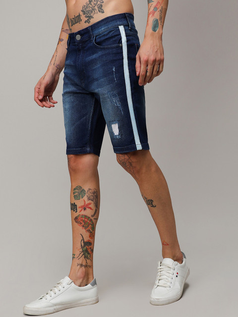 Campus Sutra Blue Men Washed Distressed Denim Shorts - Image 3