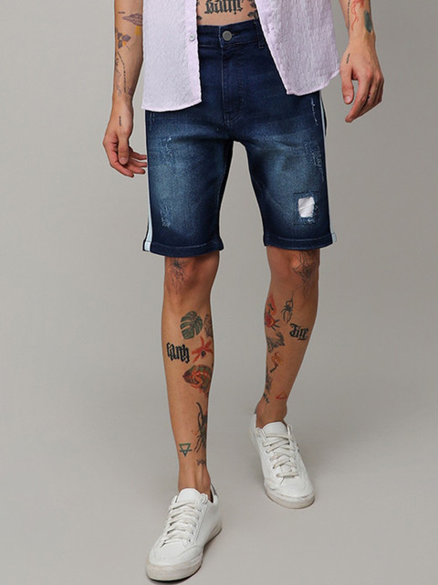 Campus Sutra Blue Men Washed Distressed Denim Shorts - Image 2