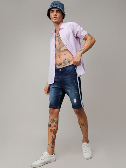 Campus Sutra Blue Men Washed Distressed Denim Shorts - Image 5