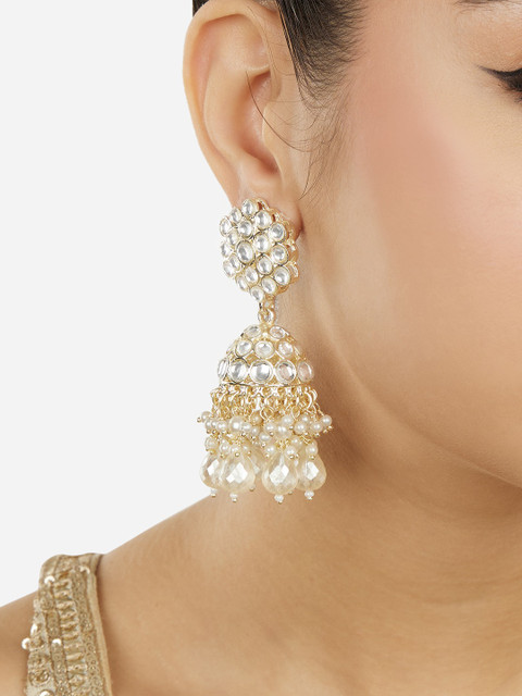 Zaveri Pearls Gold-Plated Kundan Stone Studded & Beaded Jhumkas