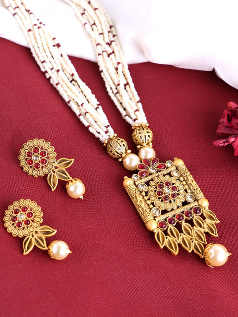 PANASH Gold-Plated Beaded & Stone-Studded Floral Jewellery Set