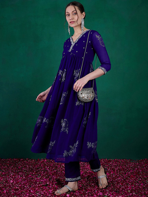 Sangria Floral Printed Embroidered Anarkali Kurta With Trouser