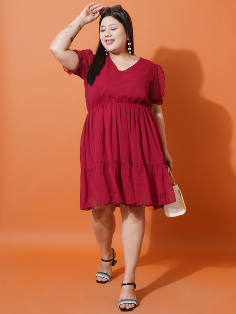 U&F Beyond Plus Size Self Design V-Neck Puff Sleeve Georgette Tiered Fit & Flare Dress - Image 5