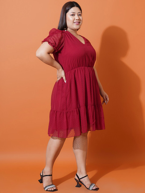 U&F Beyond Plus Size Self Design V-Neck Puff Sleeve Georgette Tiered Fit & Flare Dress - Image 3