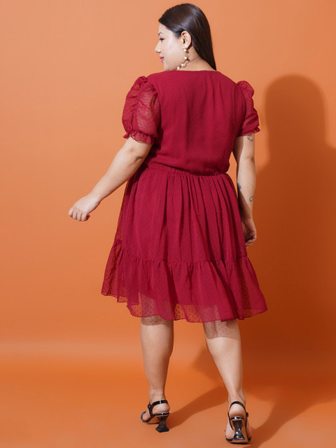 U&F Beyond Plus Size Self Design V-Neck Puff Sleeve Georgette Tiered Fit & Flare Dress - Image 4