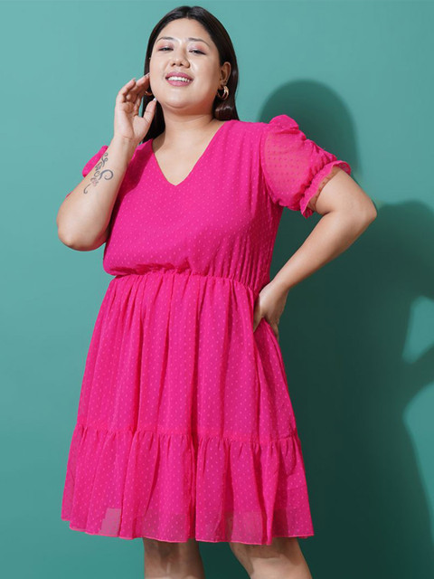 U&F Beyond Plus Size Self Design V-Neck Puff Sleeve Georgette Tiered Fit & Flare Dress - Image 2