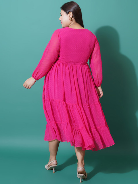 U&F Beyond Plus Size Self Design V-Neck Puff Sleeve Georgette Tiered Fit & Flare Dress - Image 4