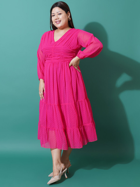 U&F Beyond Plus Size Self Design V-Neck Puff Sleeve Georgette Tiered Fit & Flare Dress - Image 3