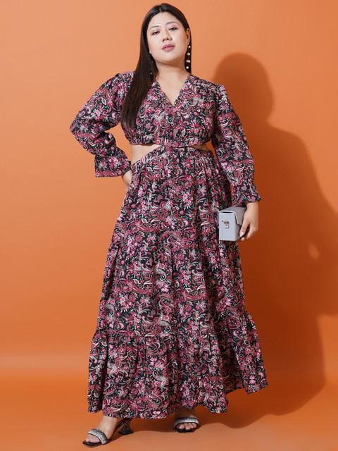 U&F Beyond Plus Size Floral Printed V-Neck Bell Sleeve Cut Out Maxi Dress - Image 5
