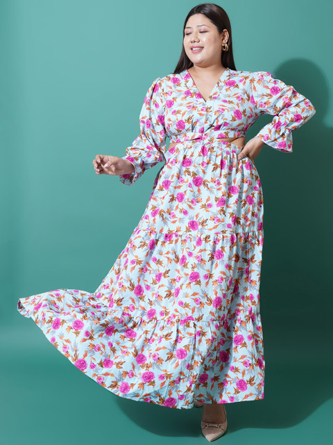 U&F Beyond Plus Size Floral Printed Bell Sleeves Cut-Outs Fit and Flare Maxi Dress