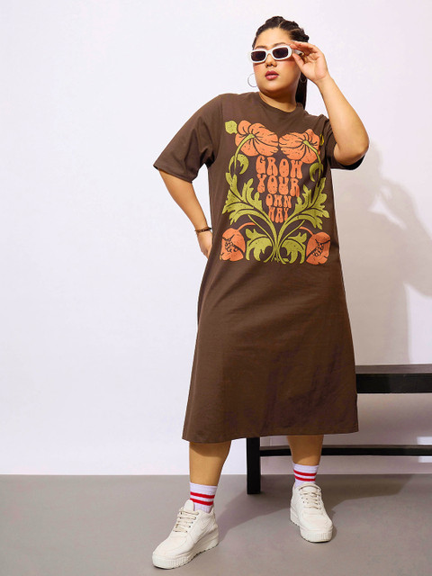 SASSAFRAS Curve Plus Size Brown Floral Printed Cotton T-shirt Midi Dress - Image 2