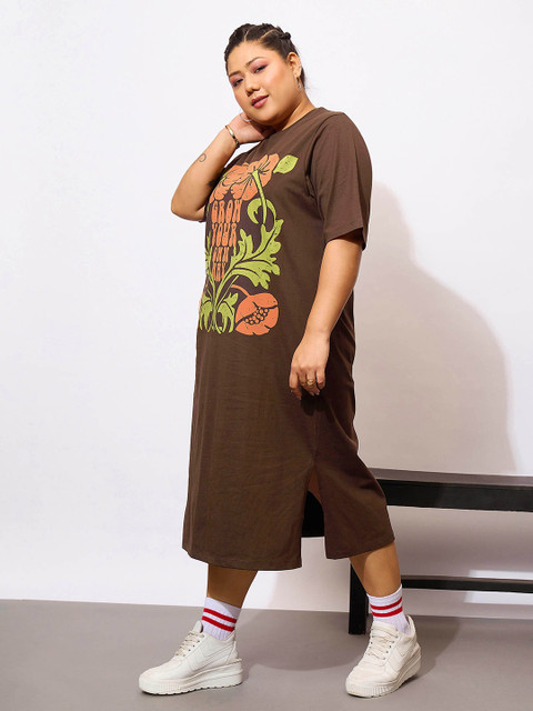 SASSAFRAS Curve Plus Size Brown Floral Printed Cotton T-shirt Midi Dress - Image 4