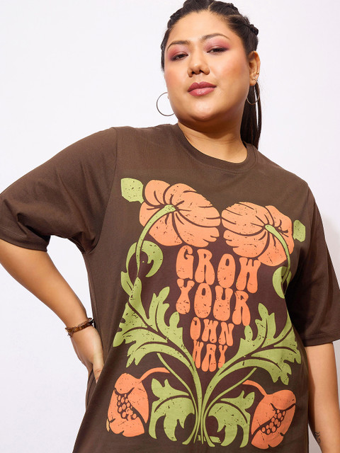 SASSAFRAS Curve Plus Size Brown Floral Printed Cotton T-shirt Midi Dress - Image 3