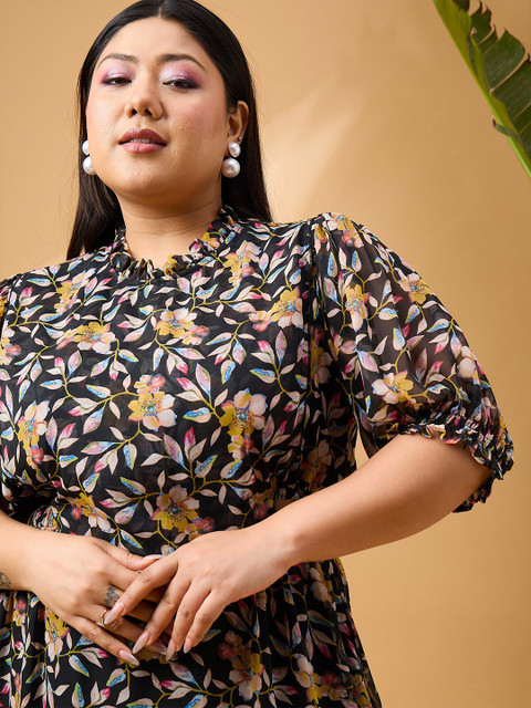 SASSAFRAS Curve Plus Size Floral Printed Tiered Georgette Fit and Flare Midi Dress - Image 5