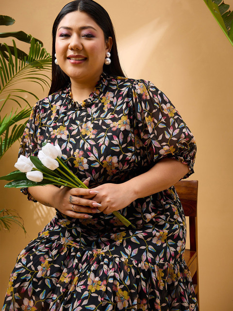 SASSAFRAS Curve Plus Size Floral Printed Tiered Georgette Fit and Flare Midi Dress - Image 2