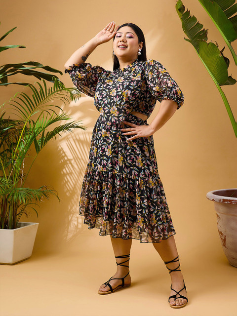 SASSAFRAS Curve Plus Size Floral Printed Tiered Georgette Fit and Flare Midi Dress - Image 3