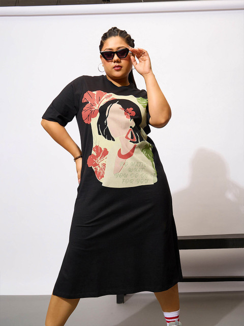 SASSAFRAS Curve Plus Size Graphic Printed Cotton T Shirt Dress