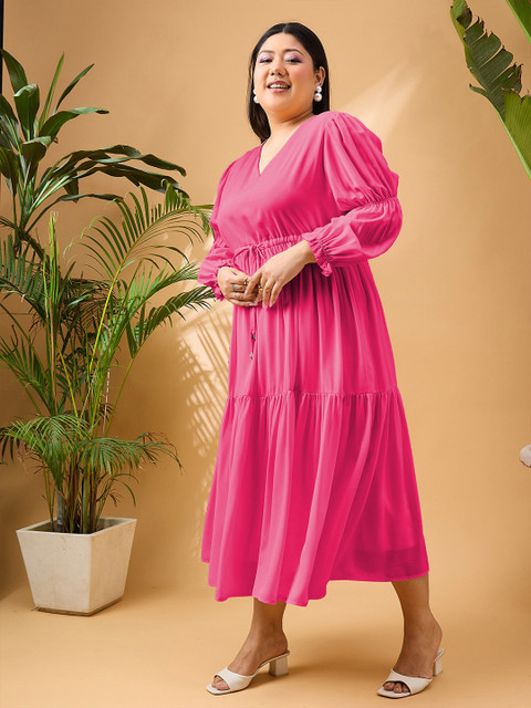 SASSAFRAS Curve Plus Size V-Neck Puff Sleeves Georgette Fit & Flare Tiered Midi Dress - Image 3